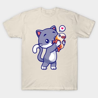 Cute Cat Holding Fish Cartoon T-Shirt